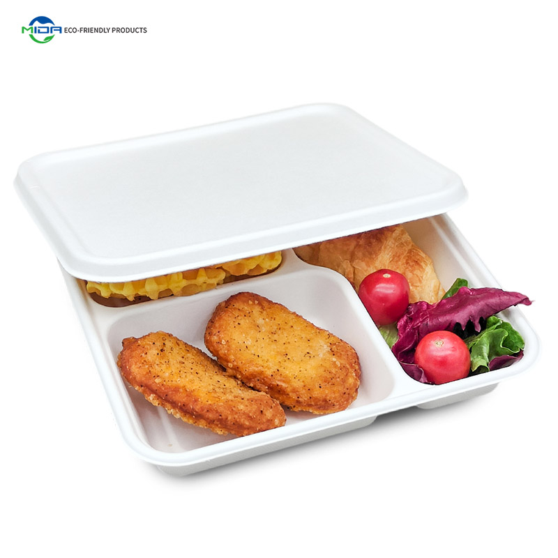 3 Compartment Fiber School Lunch Tray Sugarcane Biodegradable Food Tray Plate Disposable For Lunch and Dinner