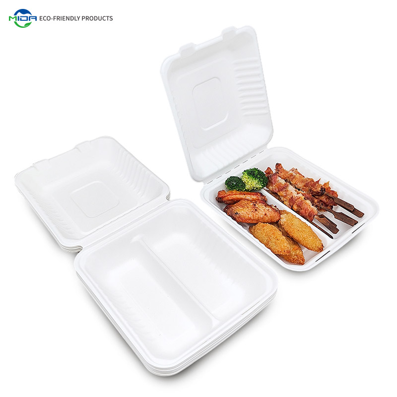 8 Inch 2 Compartment Eco-Friendly Biodegradable Bagasse Clamshell