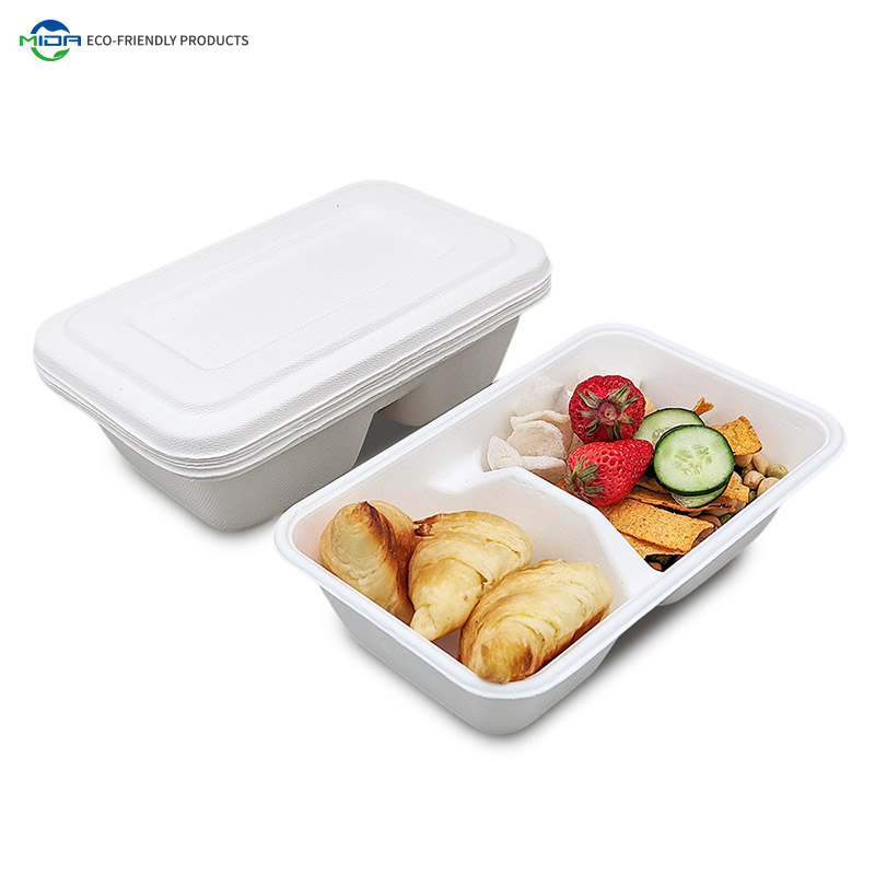 1000ml 2 Compartment Eco Friendly Green Plant Fiber Food Containers with Lids