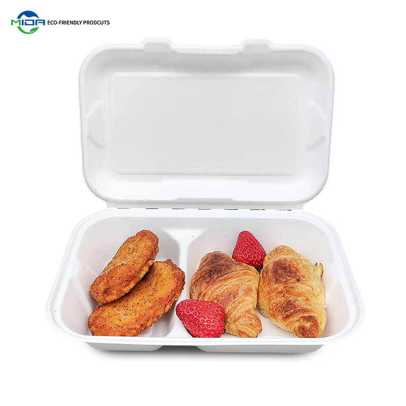 Biodegradable Eco-Friendly Takeaway Food Containers Sugarcane Bagasse 2 Compartment Clamshell